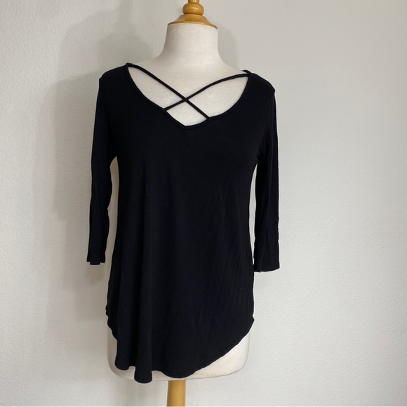 3/$25 Twenty Ten Black Criss Cross Front Soft Stretch 3/4 Sleeve Tunic Size S - Picture 1 of 14